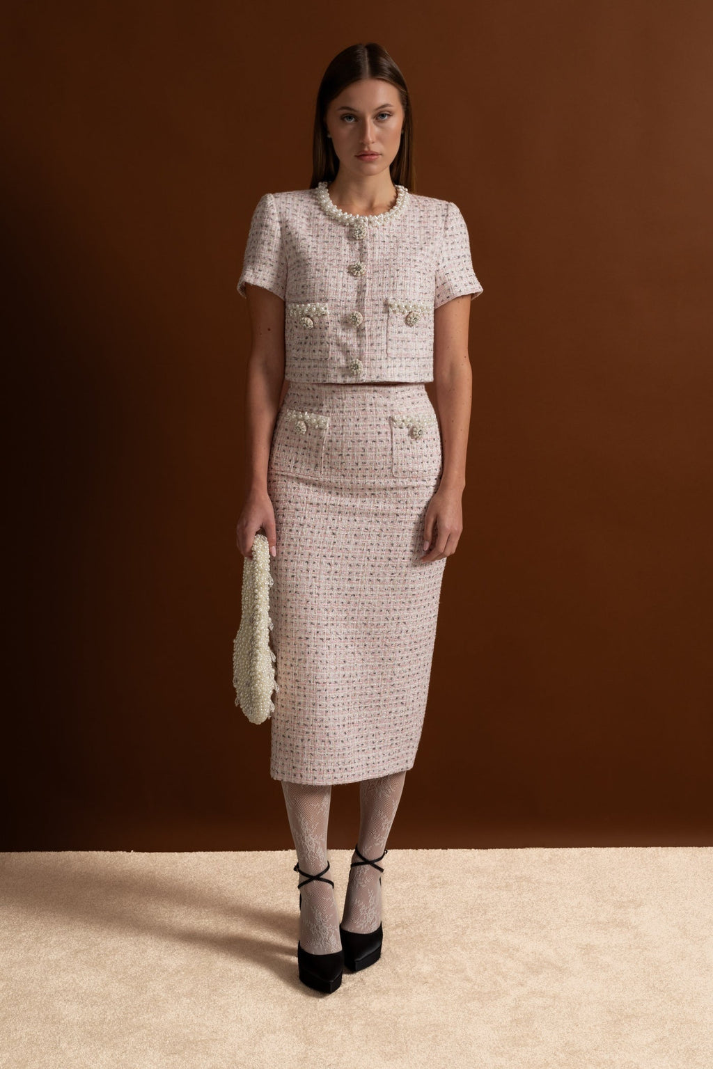 Short Sleeve Pearl-Embellished Set With Sparkling Buttons - Pink