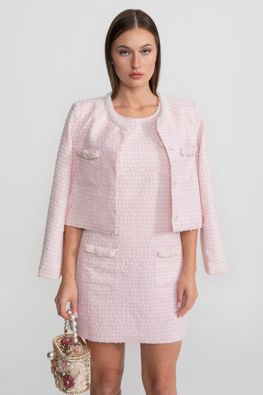 Embellished Tweed Mini Dress With Delicate Pearl Trim - Light Pink