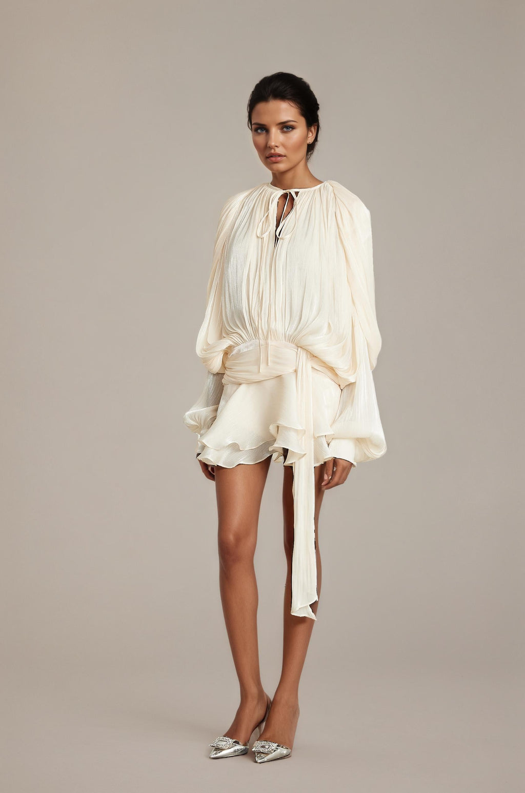 Eugénie Neutral Pleated Ruffle Mini Dress