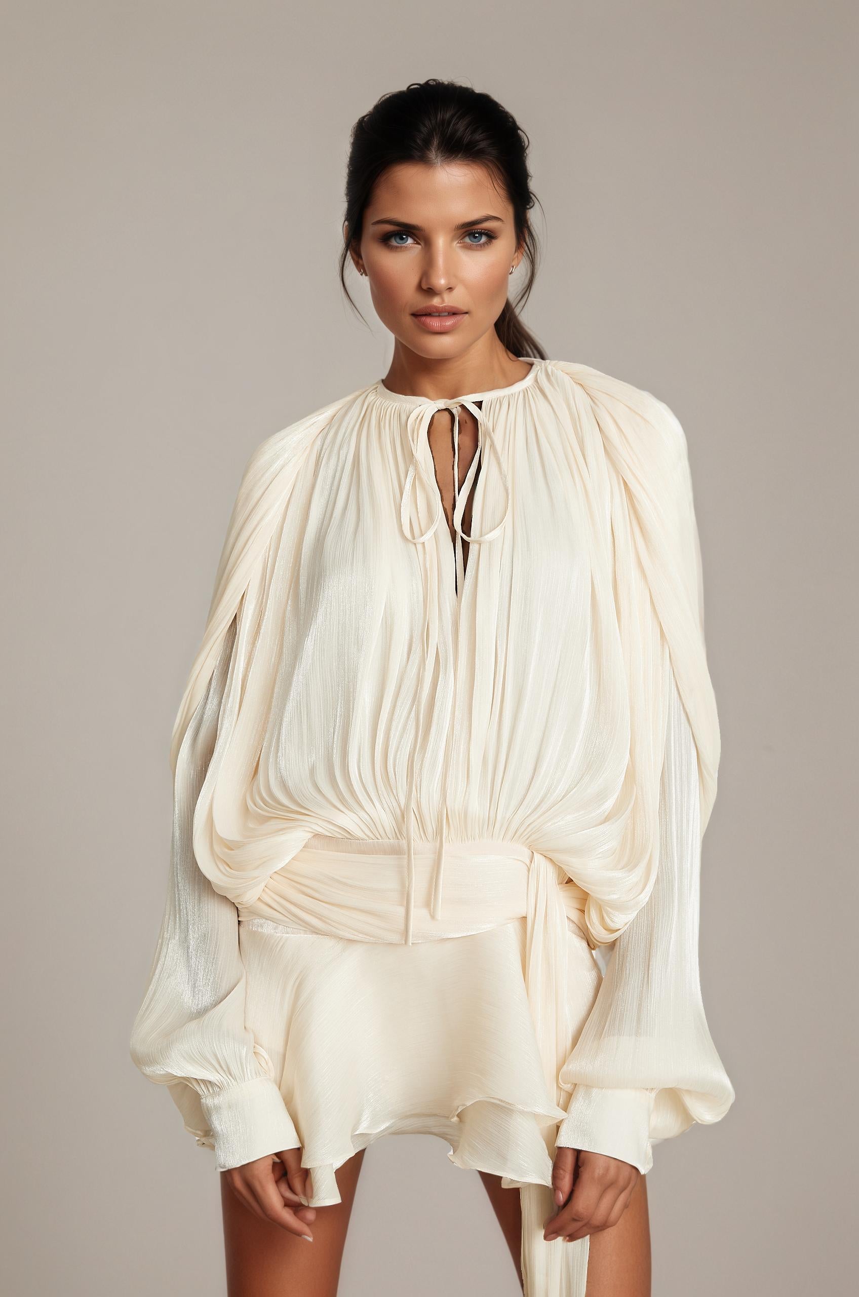 Eugénie Neutral Pleated Ruffle Mini Dress