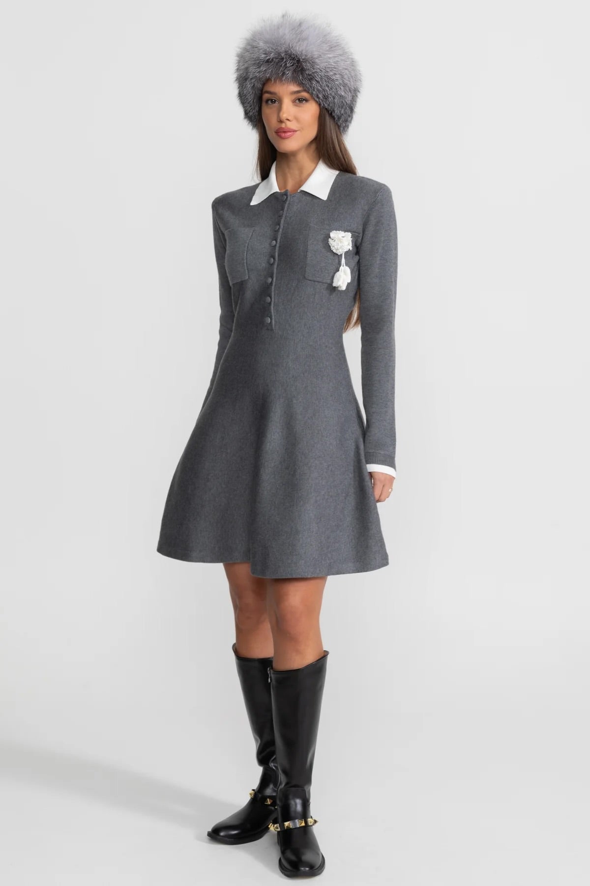 Mini Dress with Contrast Collar and Floral Brooch - Grey