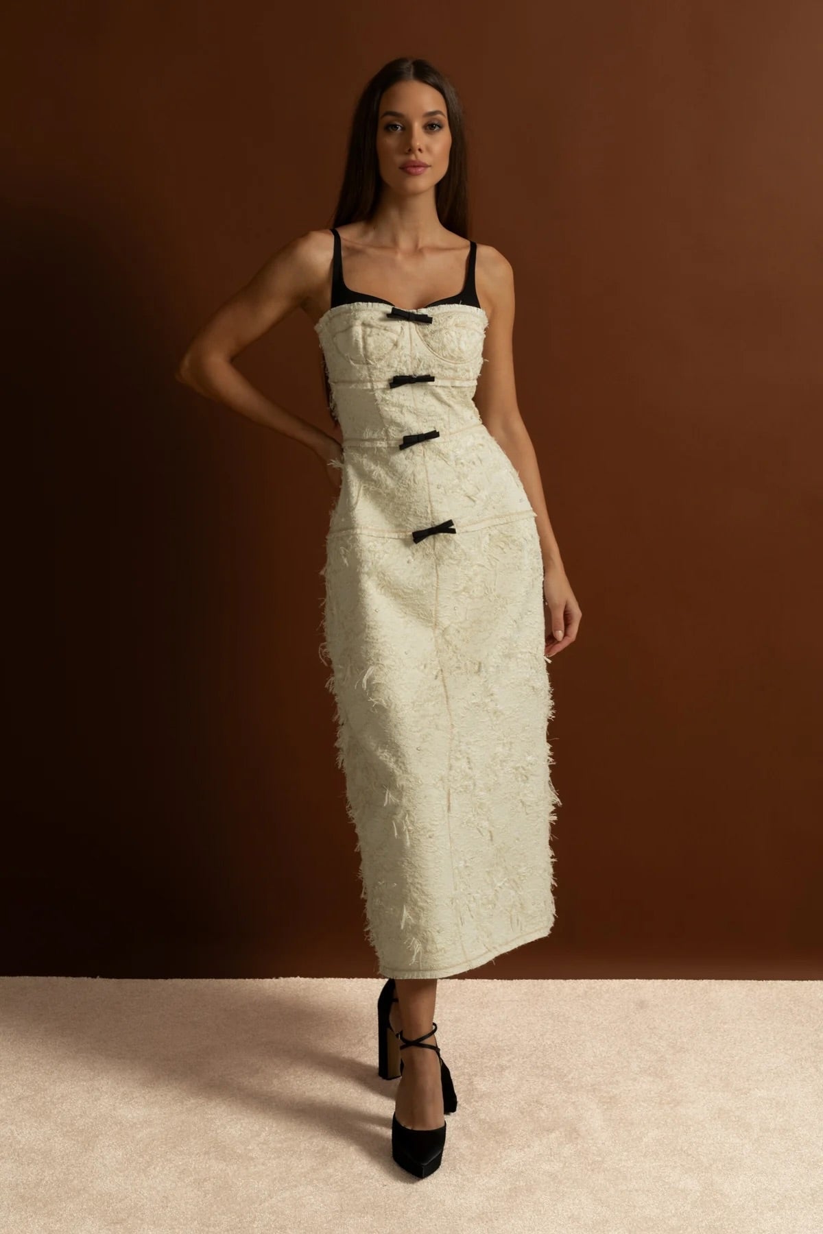 Textured Tweed Midi Dress With Contrast Straps and Bow Detailing – Ivory