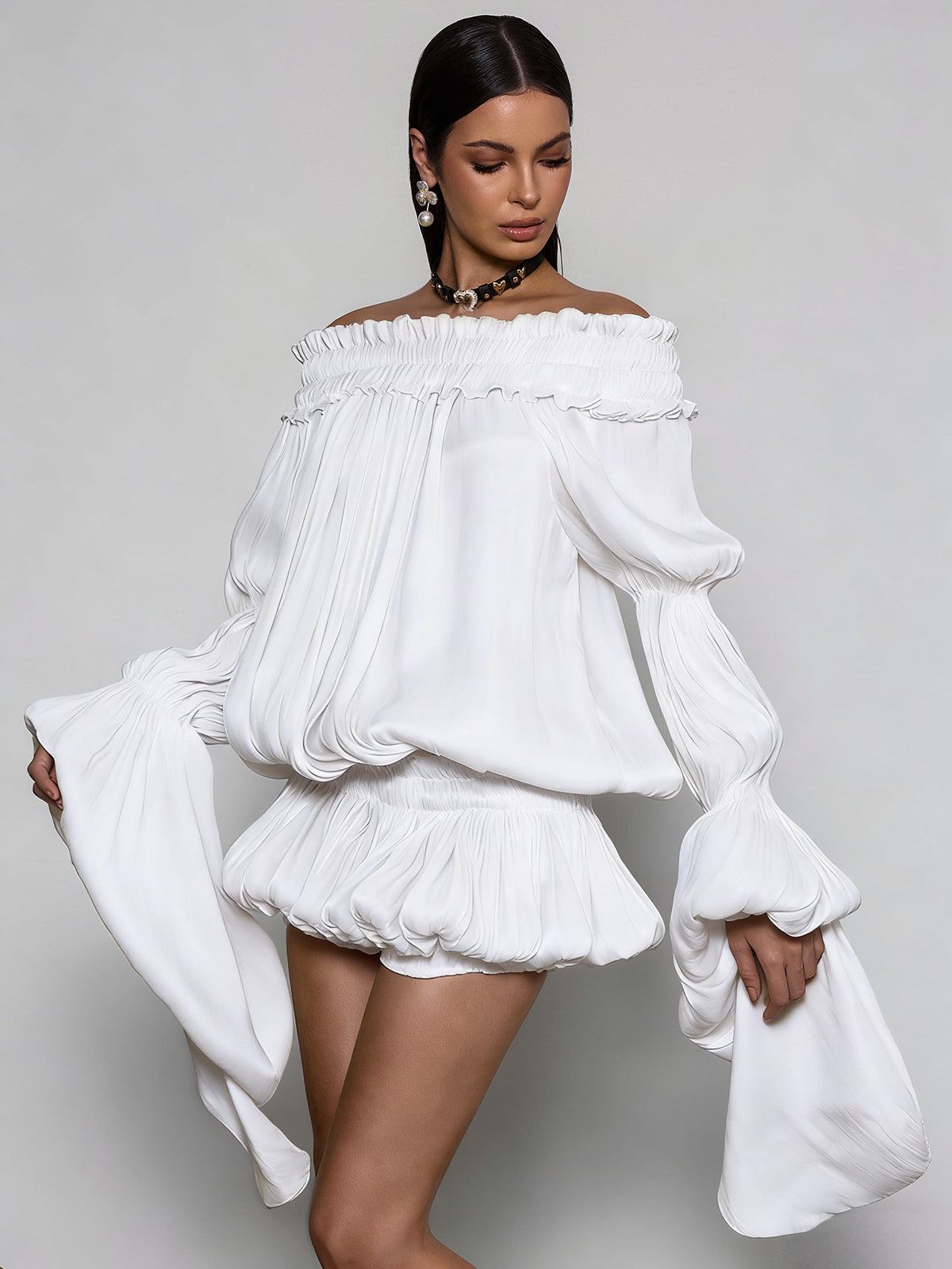 Salyxen Off Shoulder Ruched Dress Set In White