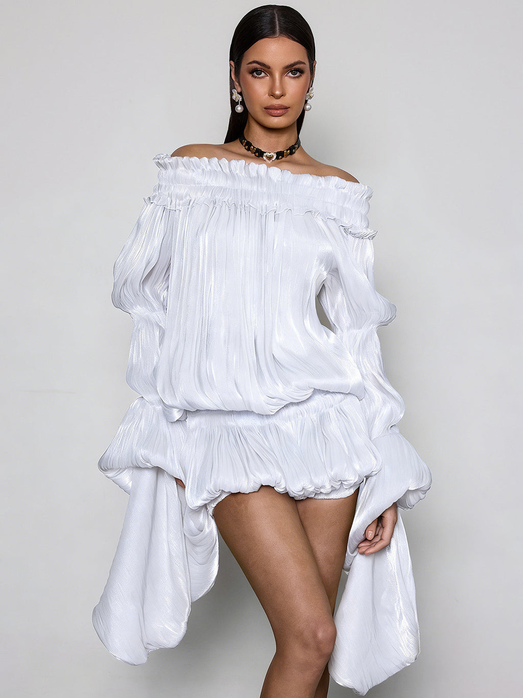Salyxen Off Shoulder Ruched Dress Set In White