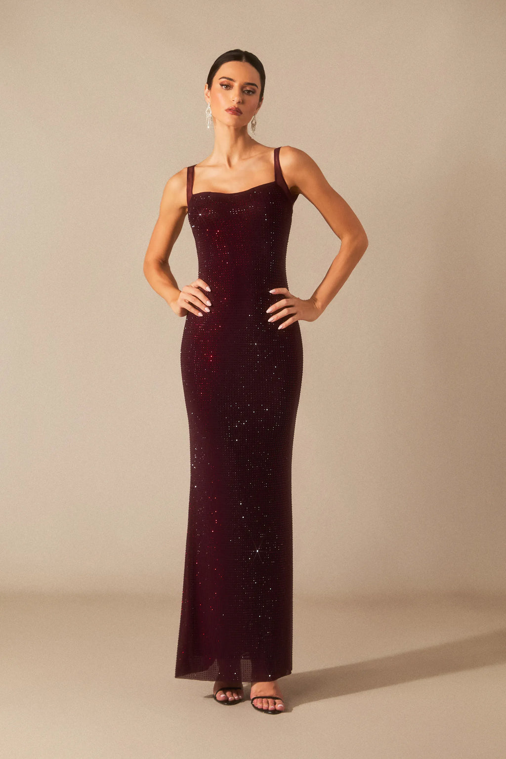 Elara - Dark Red Diamante Maxi Dress