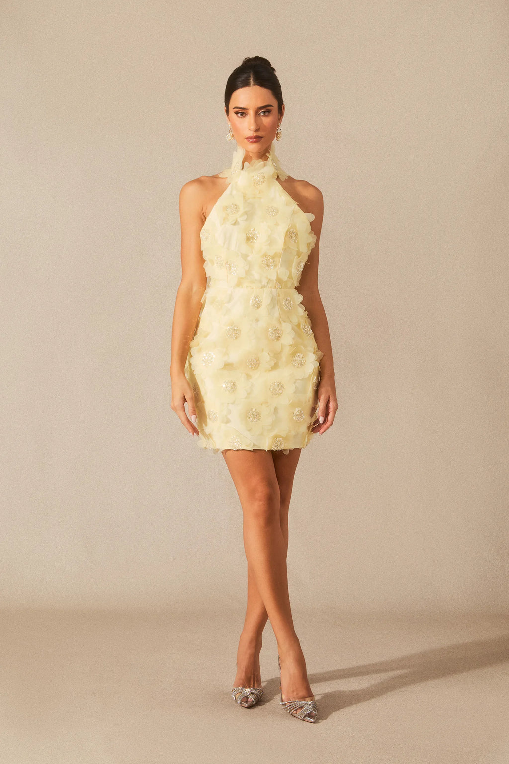 Celeste - Yellow Floral Embellished Mini Dress