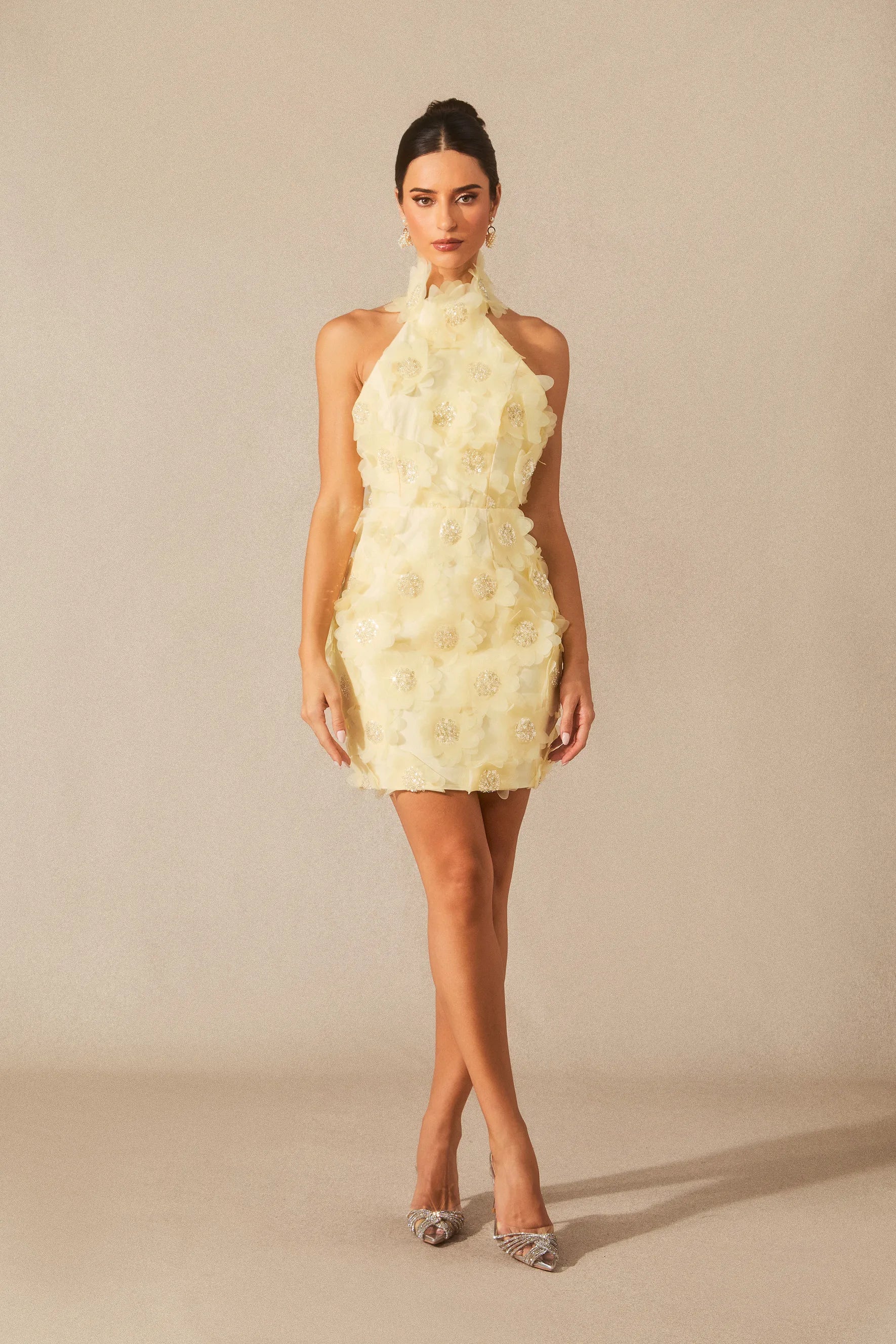 Celeste - Yellow Floral Embellished Mini Dress