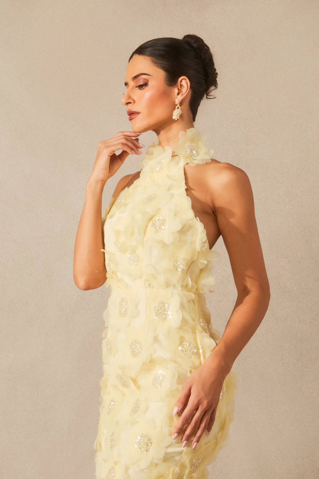 Celeste - Yellow Floral Embellished Mini Dress