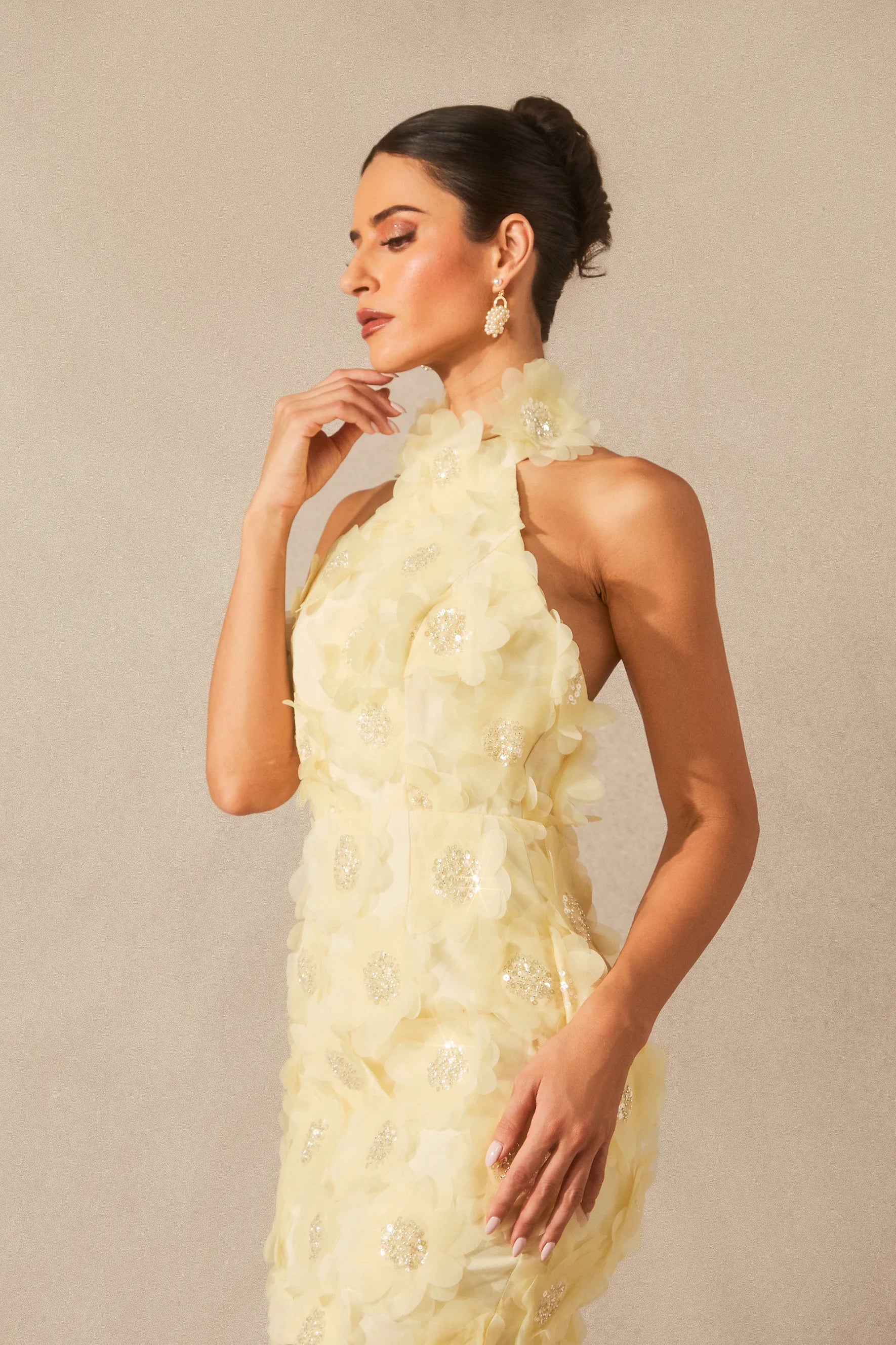 Celeste - Yellow Floral Embellished Mini Dress