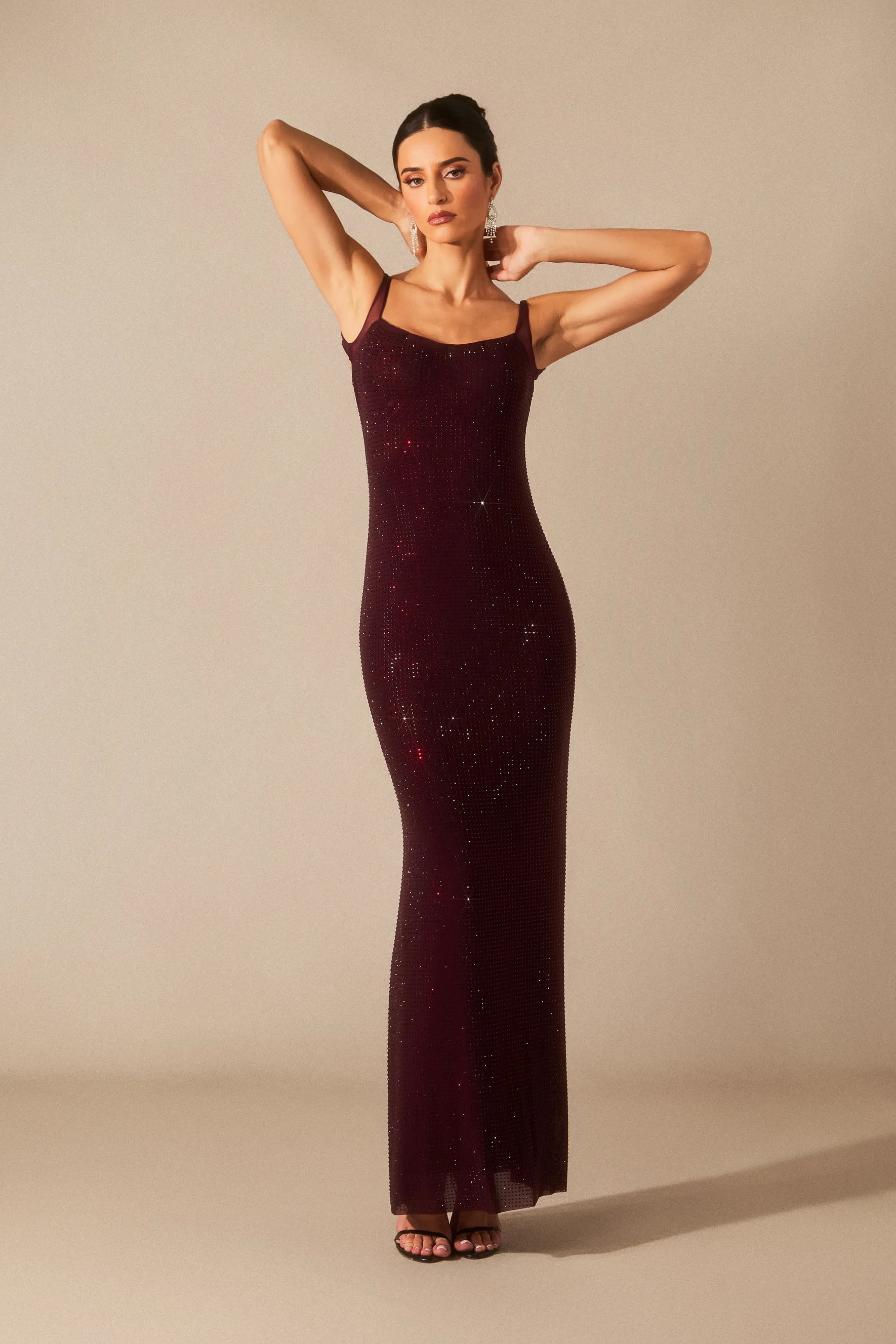 Elara - Dark Red Diamante Maxi Dress