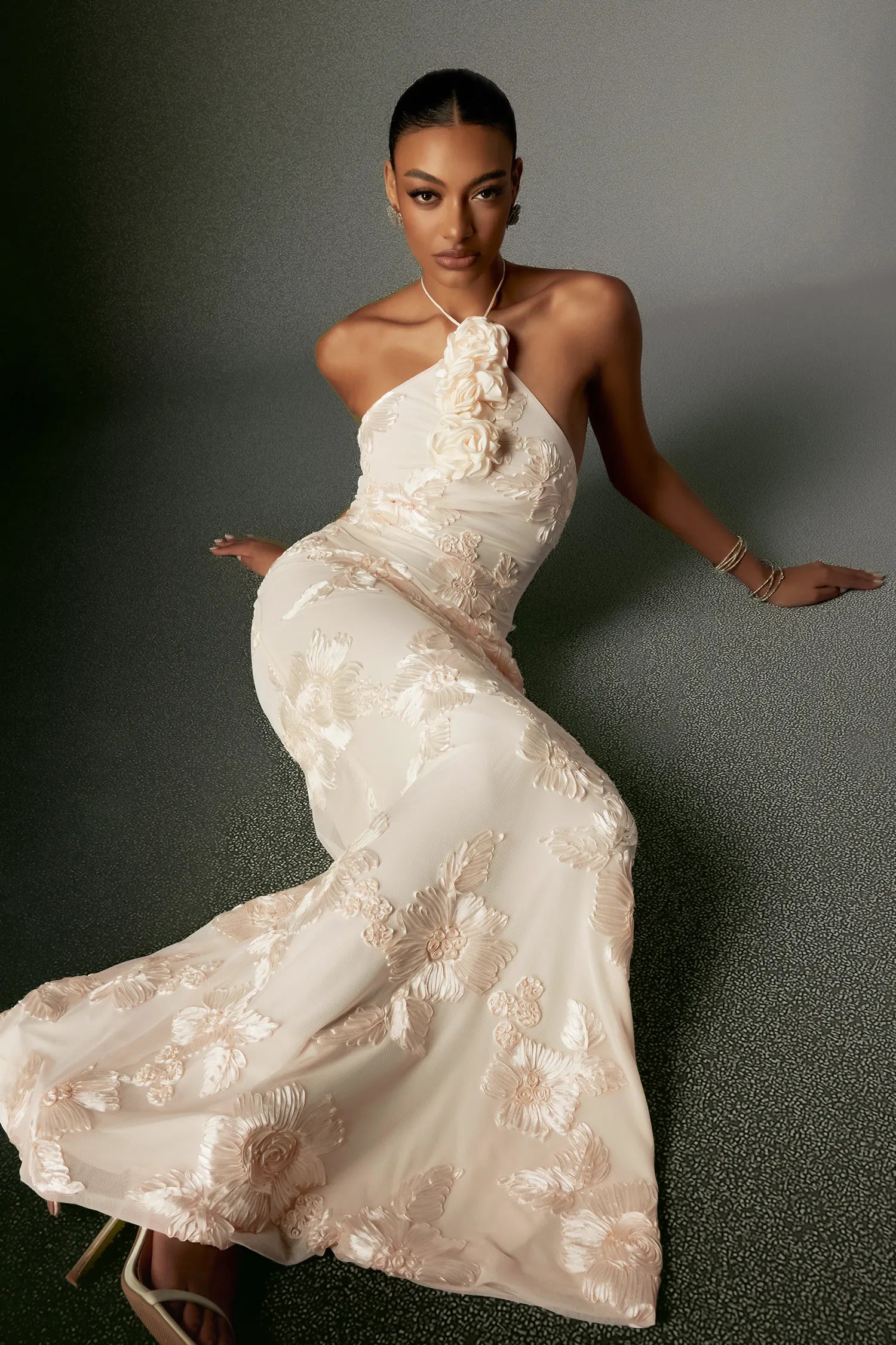 Reese - Flower Halter Embroidery Maxi Dress