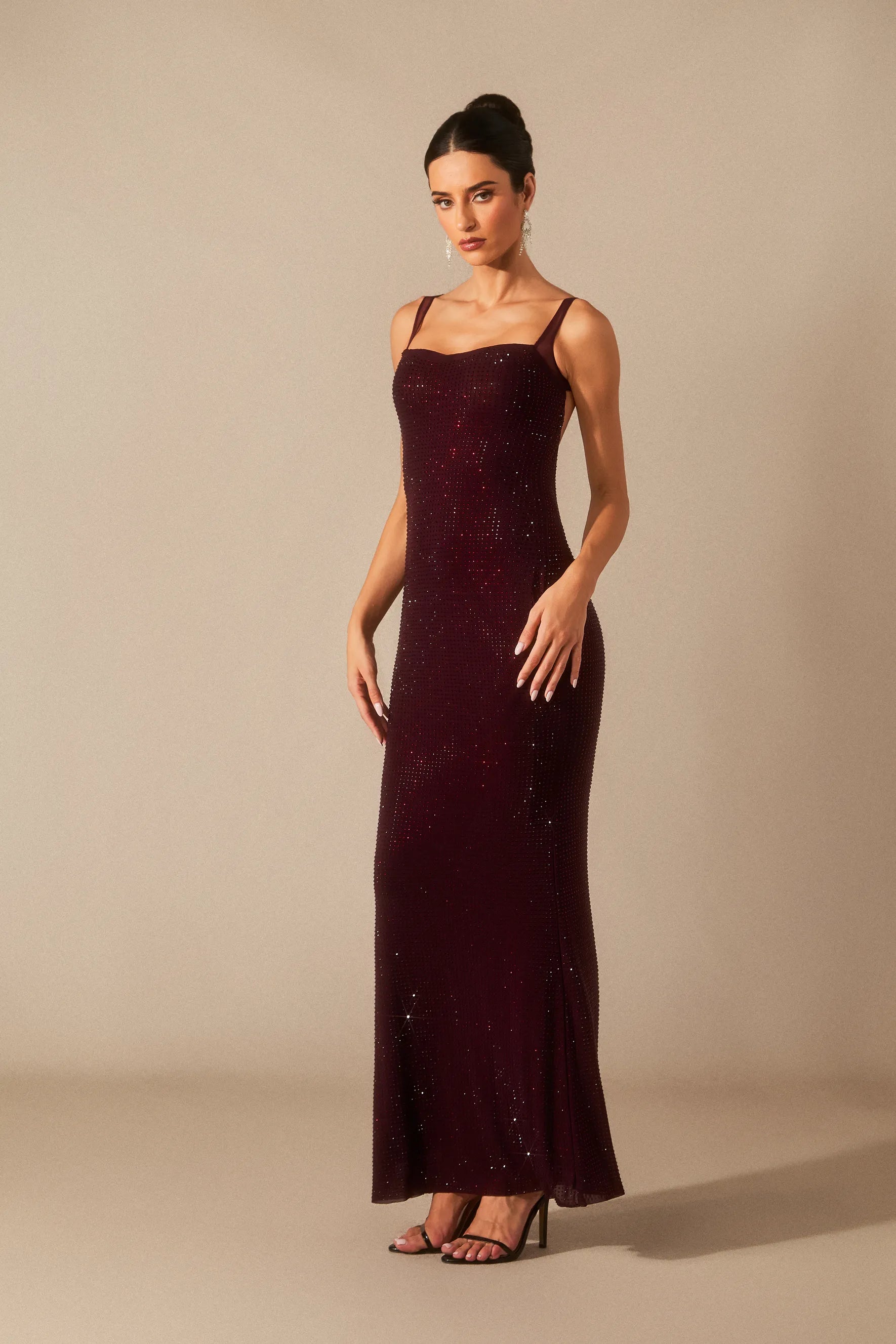 Elara - Dark Red Diamante Maxi Dress
