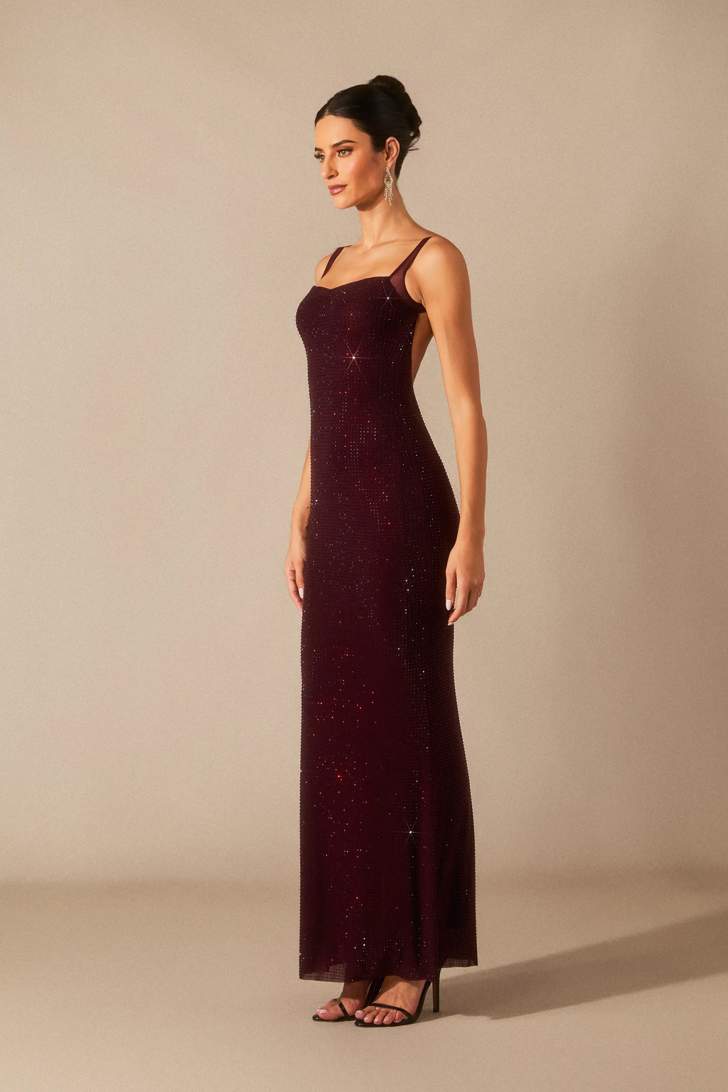 Elara - Dark Red Diamante Maxi Dress