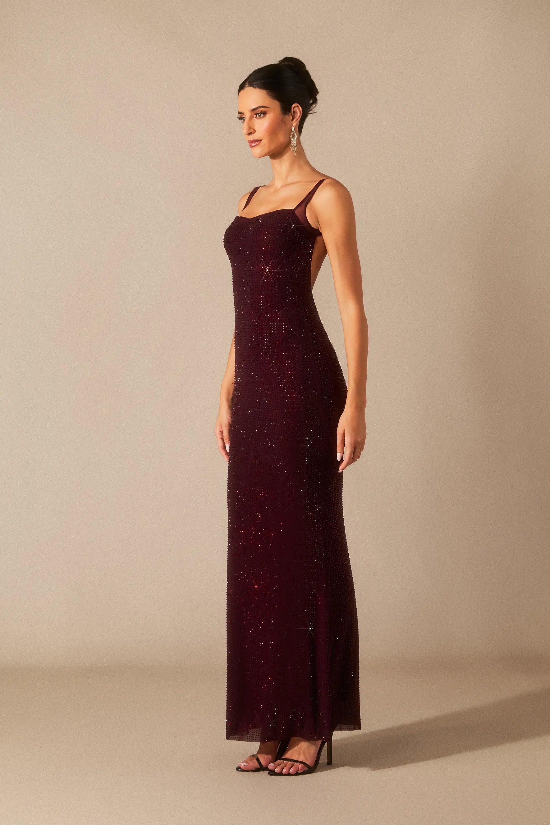 Elara - Dark Red Diamante Maxi Dress