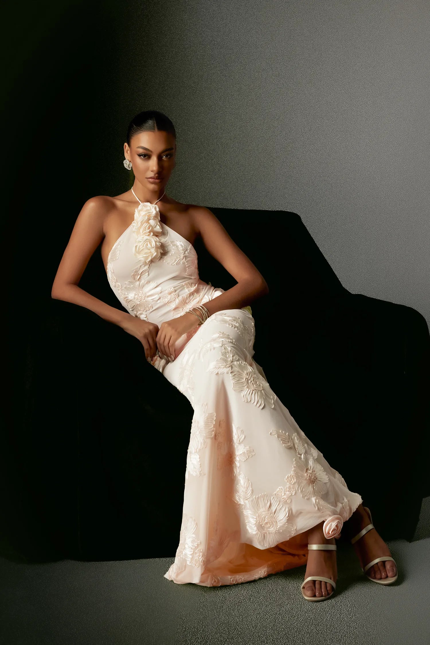 Reese - Flower Halter Embroidery Maxi Dress