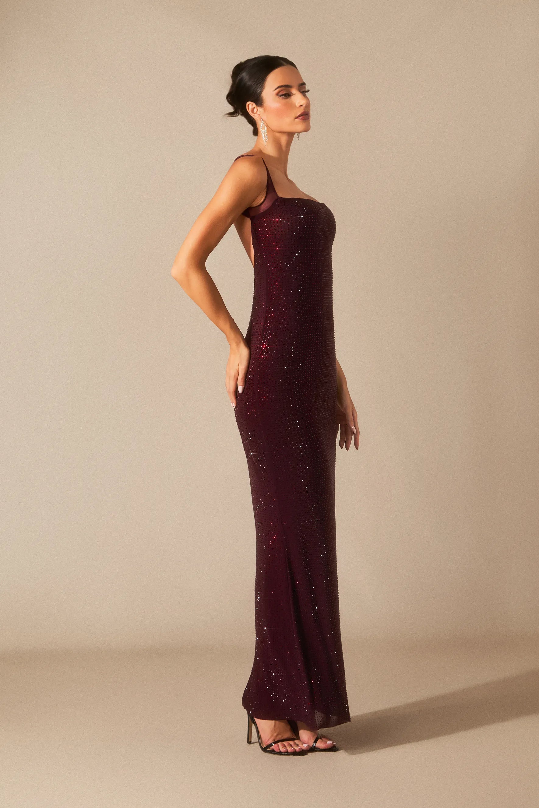 Elara - Dark Red Diamante Maxi Dress