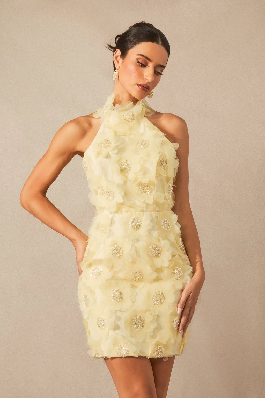Celeste - Yellow Floral Embellished Mini Dress