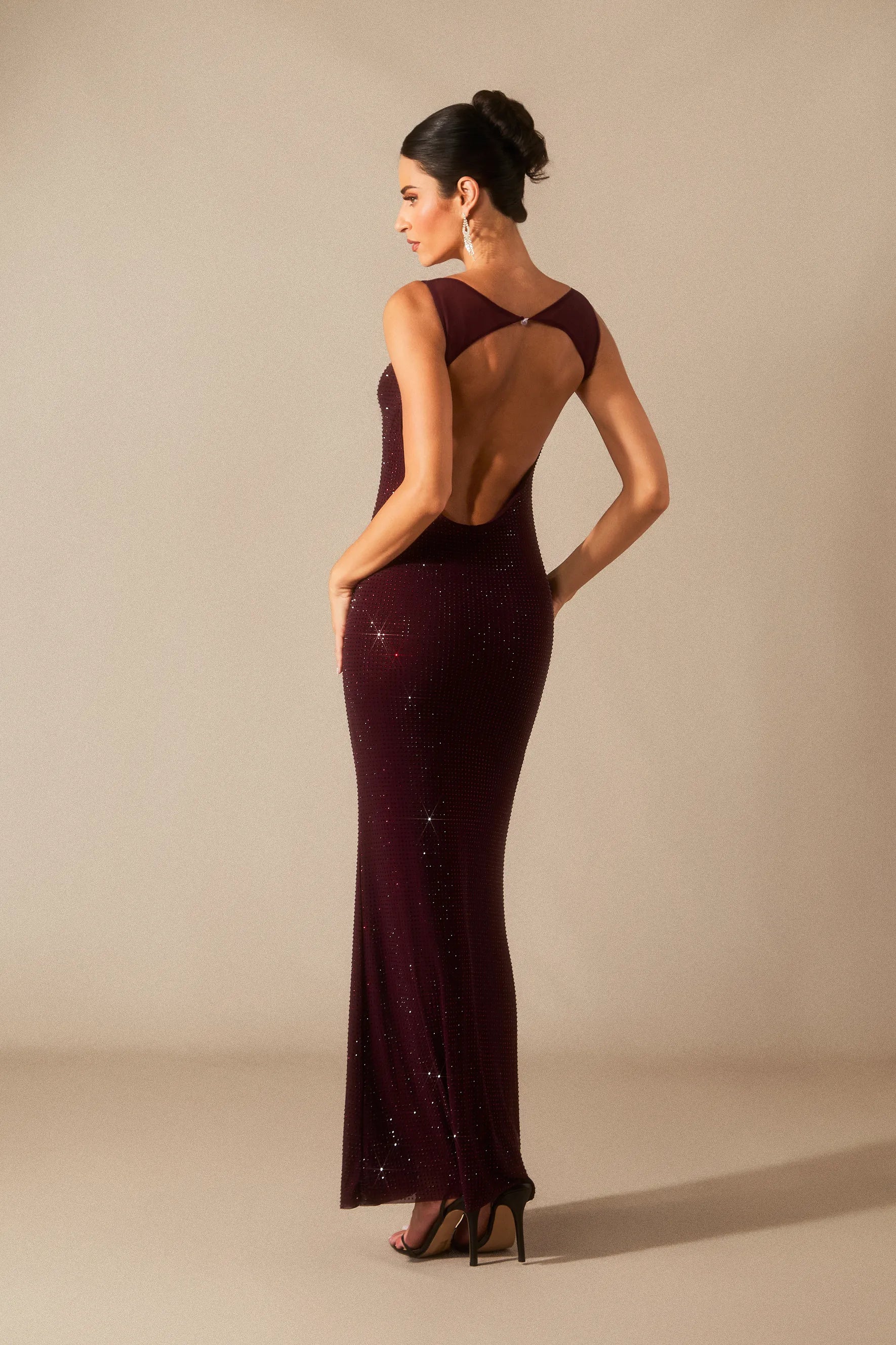 Elara - Dark Red Diamante Maxi Dress