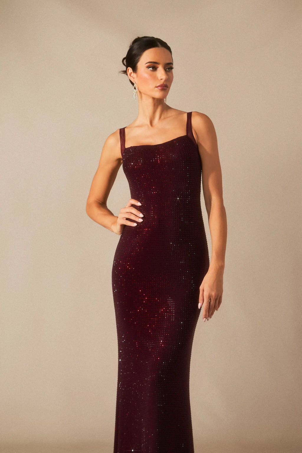 Elara - Dark Red Diamante Maxi Dress