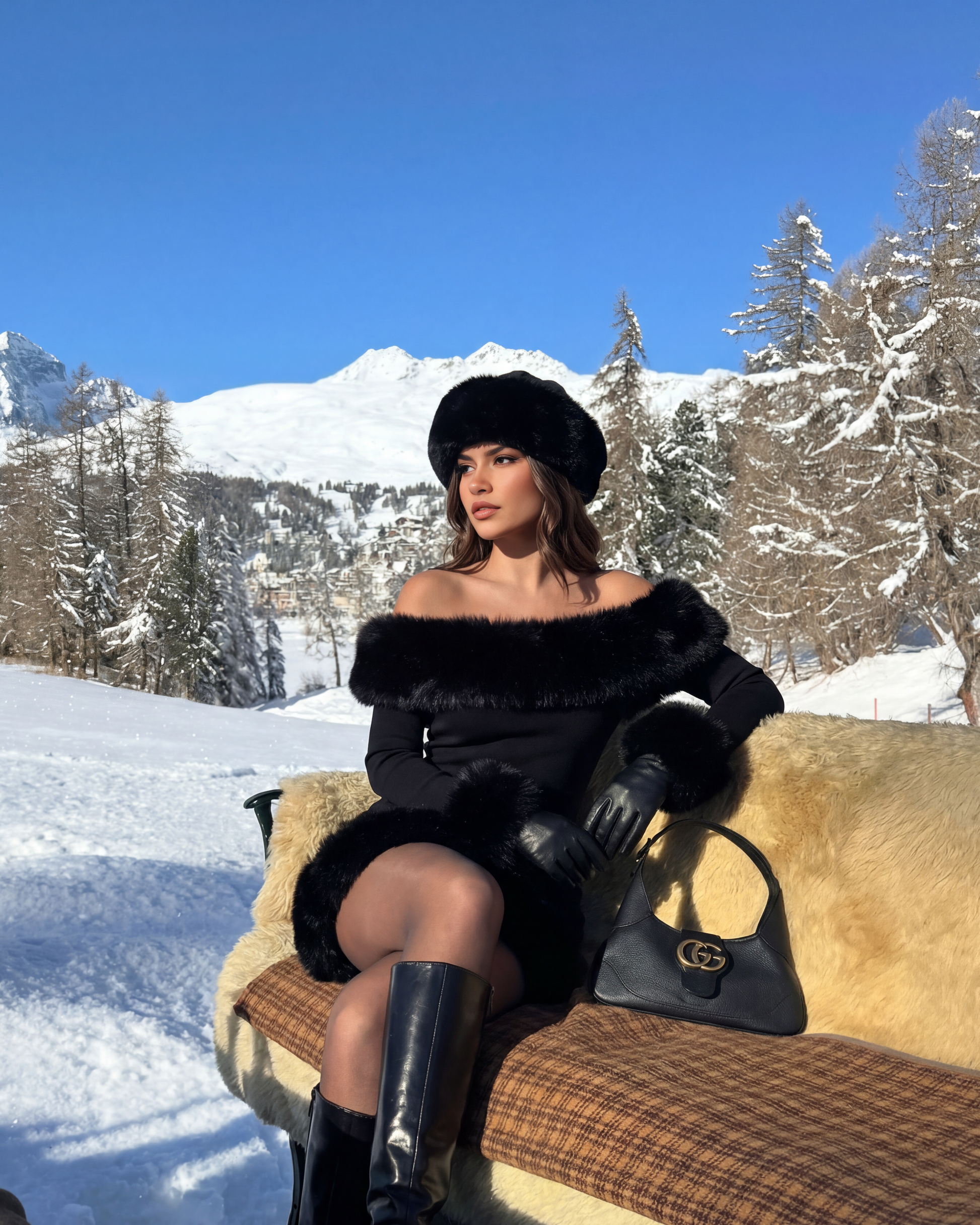 Bella Black Off-Shoulder Mini Dress with Fur Trim