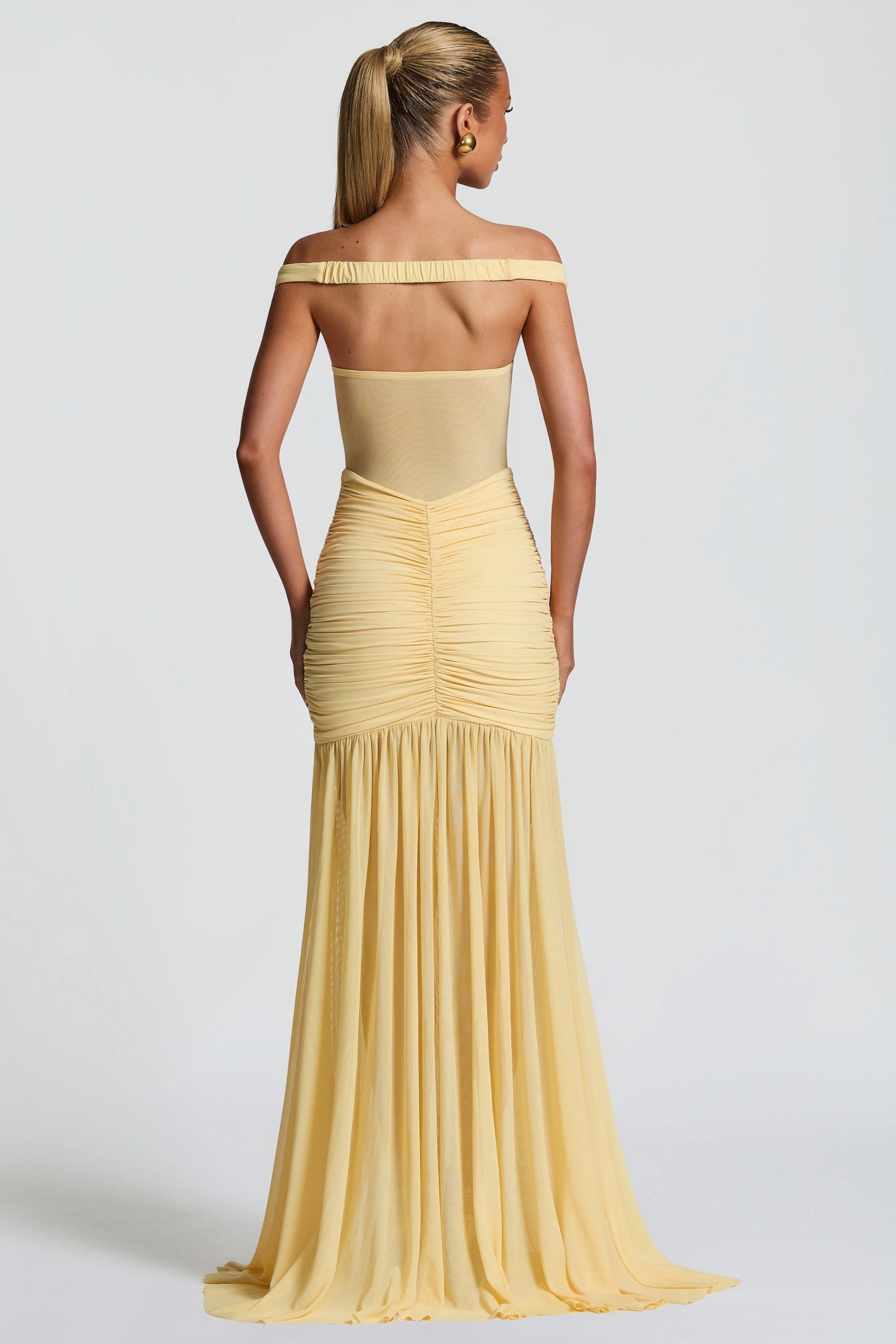Geneviève Yellow Off Shoulder Ruched Maxi Dress