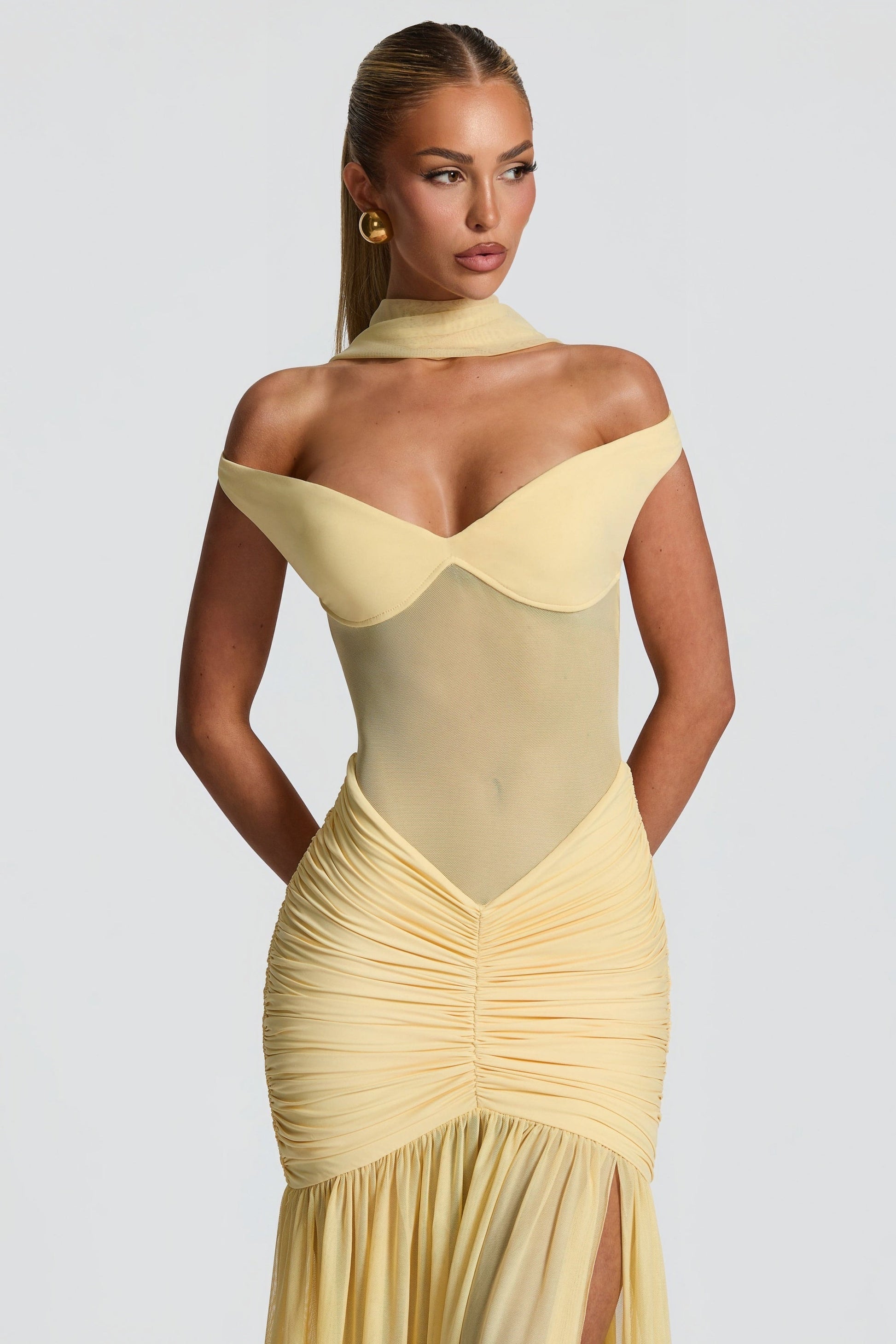 Geneviève Yellow Off Shoulder Ruched Maxi Dress