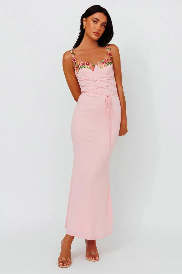 Kailani - Embroidered Lace-up Midi Dress