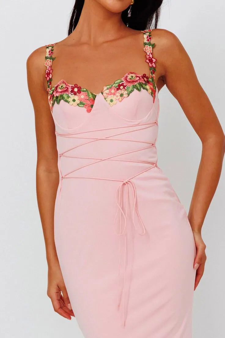 Kailani - Embroidered Lace-up Midi Dress