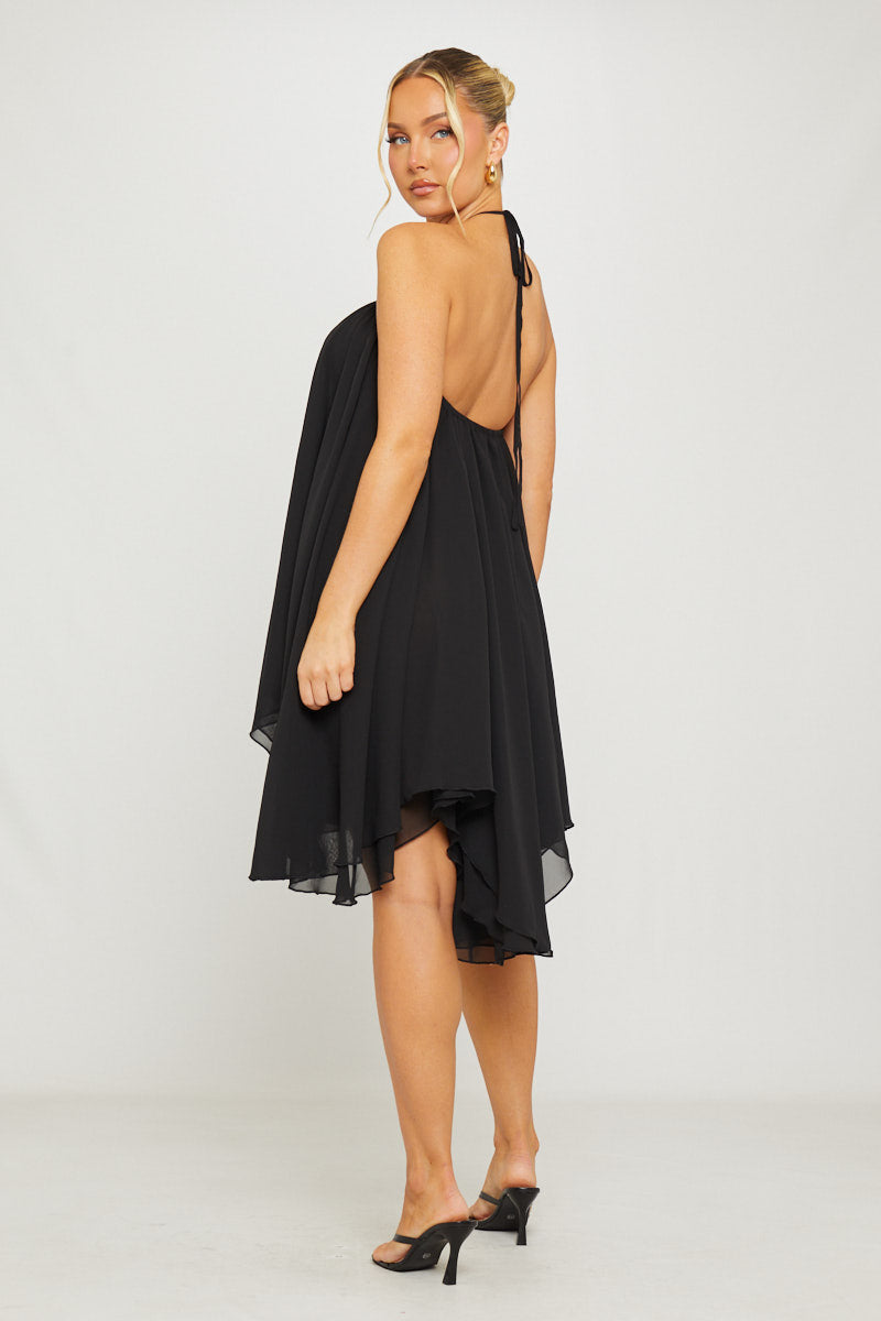 Black Chiffon Halter Asymmetric Mini Dress