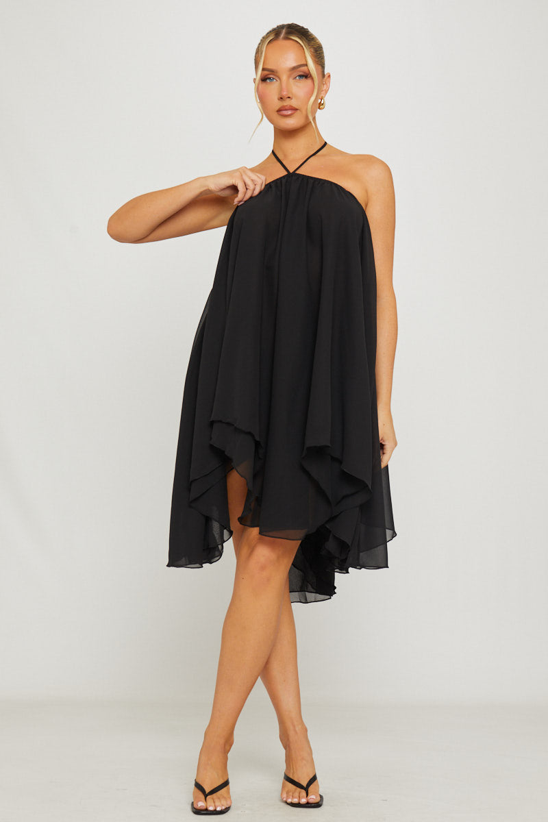 Black Chiffon Halter Asymmetric Mini Dress