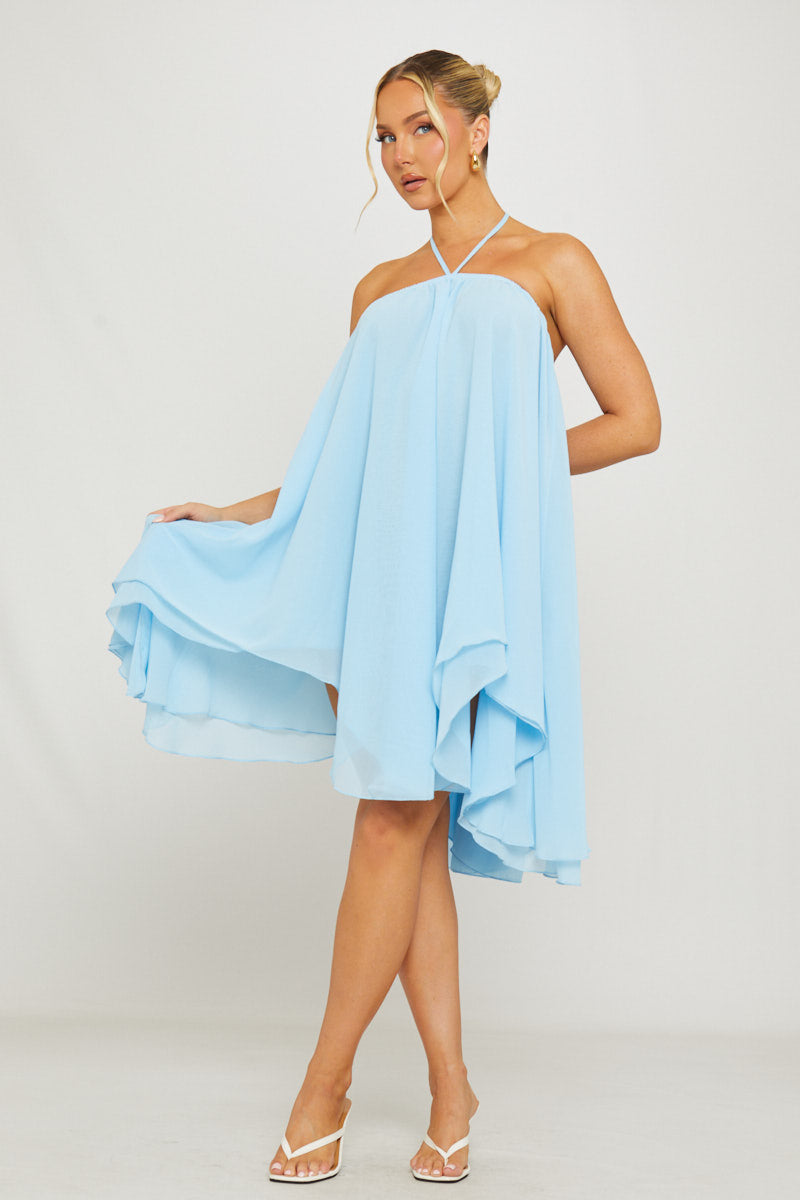 Blue Chiffon Halter Asymmetric Mini Dress