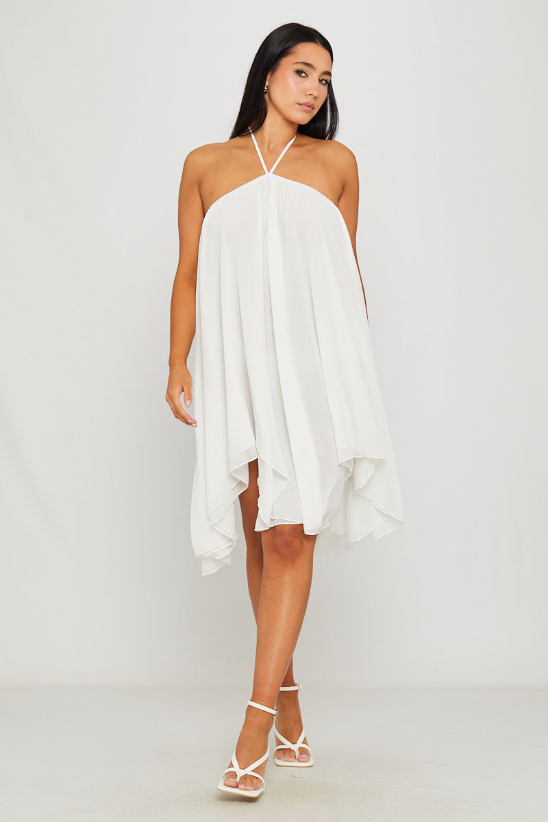 White Chiffon Halter Asymmetric Mini Dress