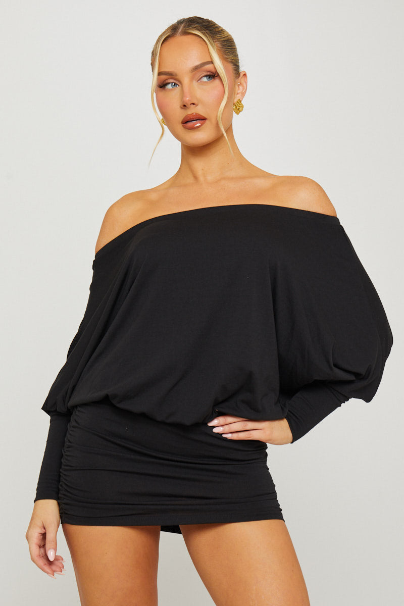 Black Off Shoulder Ruched Batwing Mini Dress