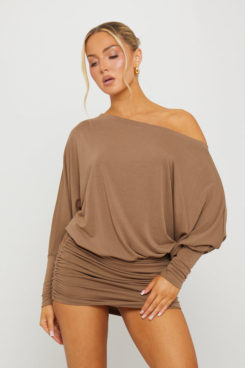 Brown Off Shoulder Ruched Batwing Mini Dress