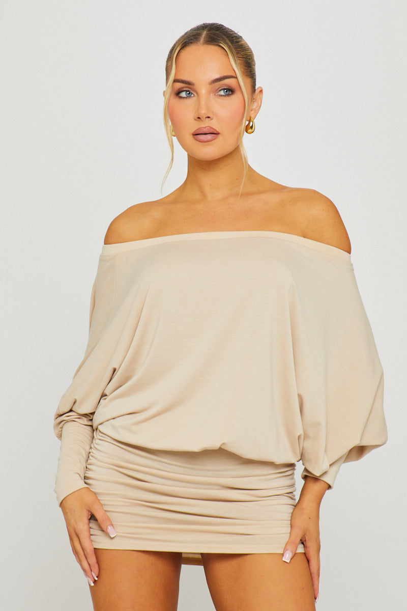 Stone Off Shoulder Ruched Batwing Mini Dress