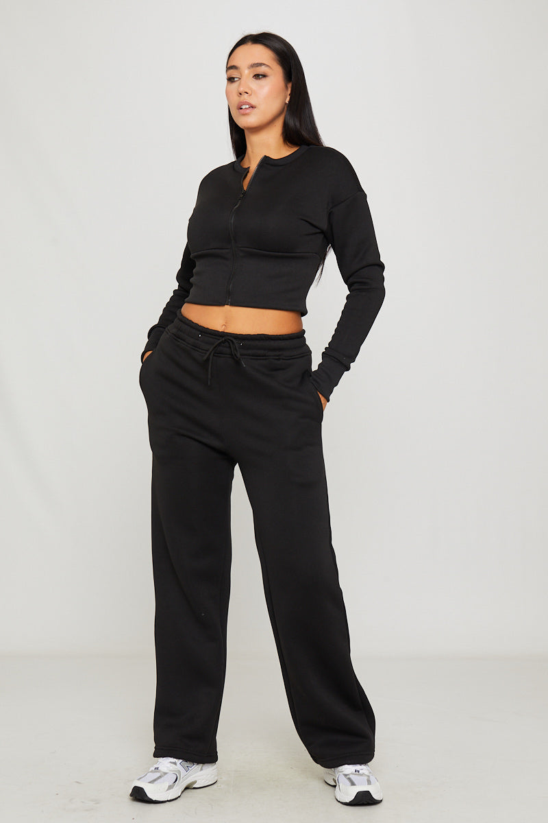 Black Cinched Waist Zip Jacket & Joggers Set