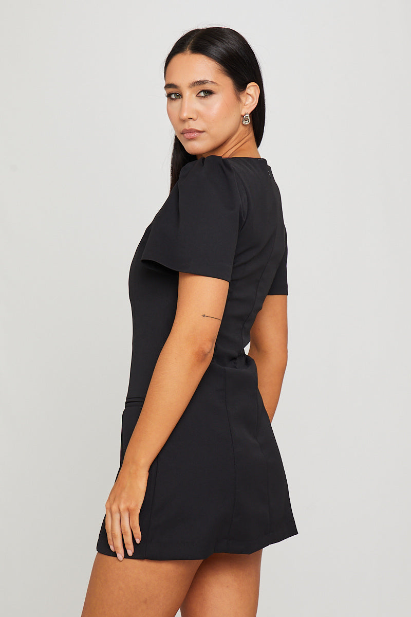 Black Short Sleeve Pleated Pocket Mini Dress