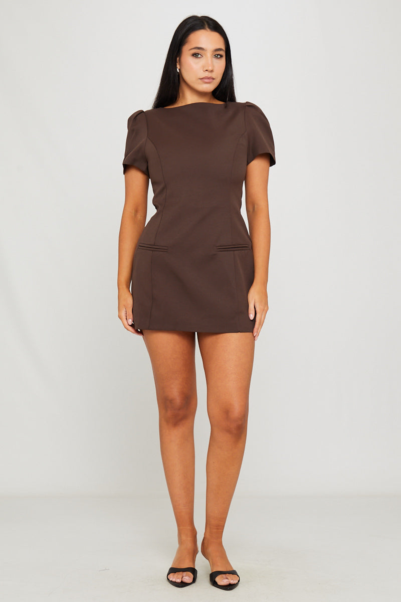 Brown Short Sleeve Pleated Pocket Mini Dress