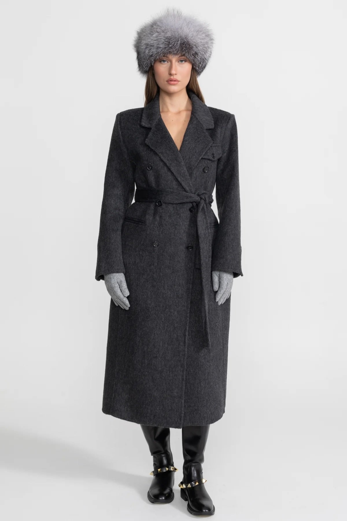 Double-Breasted Wool Coat With Waist Belt – Charcoal Grey