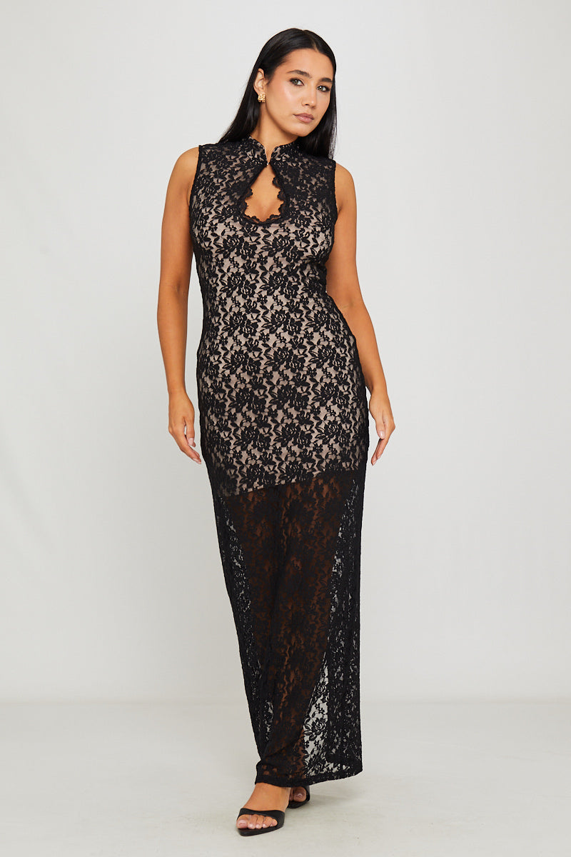 Black Lace Sleeveless Keyhole Bodycon Midi Dress