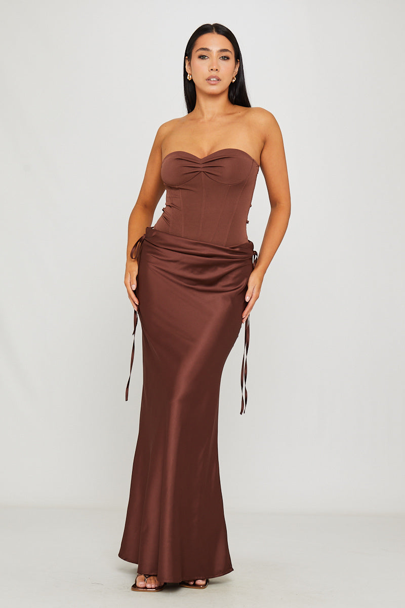Brown Strapless Corset Bodysuit & Draped Maxi Skirt Co-Ord