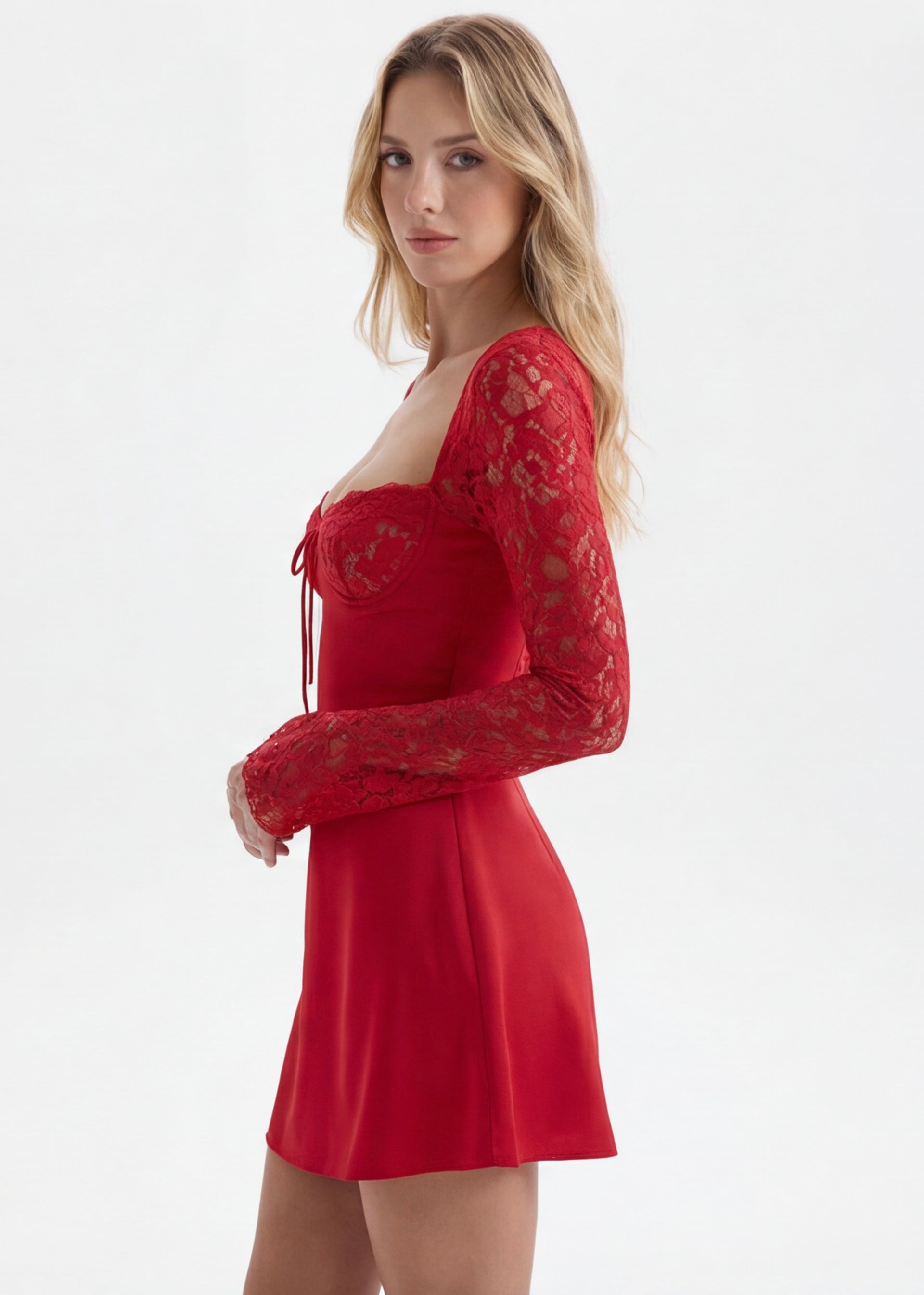 Valentina After Dark Lace Mini Dress in Red