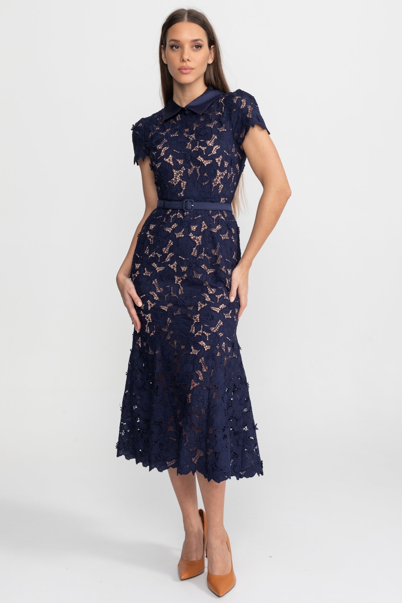 Lace Midi Dress with Belted Waist and Collared Neckline – Navy Blue
