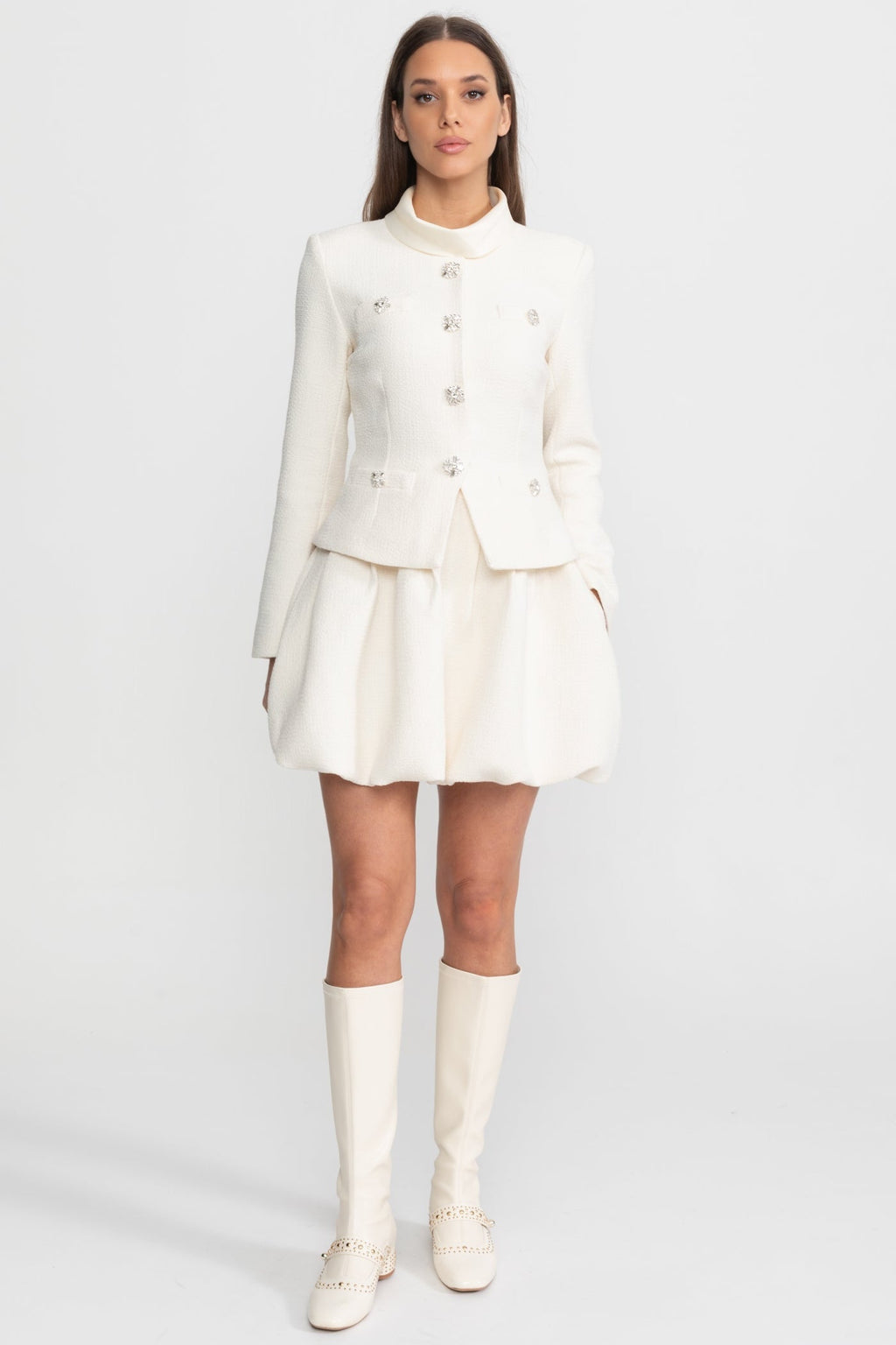 Textured Mini Dress with Crystal Button Embellishments – Ivory