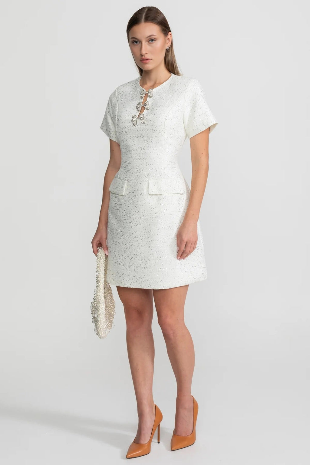 Sequin Mini Dress with Crystal Bow Accents - White