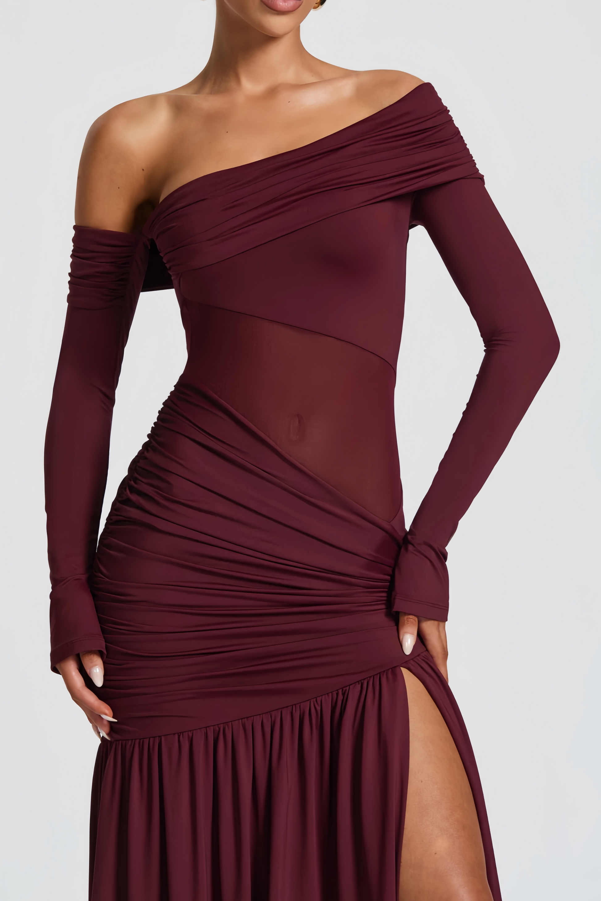 Anastasia Burgundy One Shoulder Gathered Maxi Dress