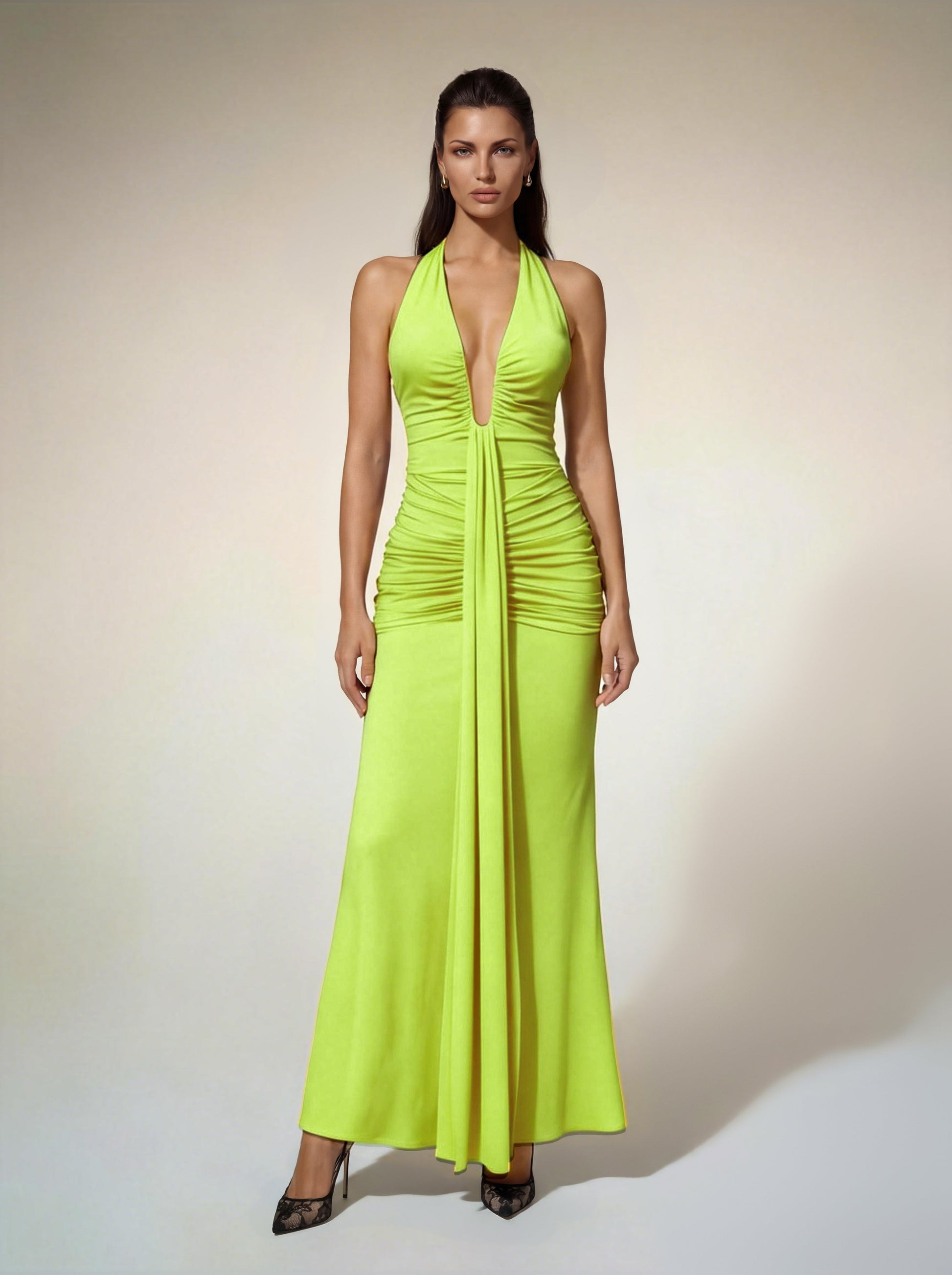 Alyshea Halterneck Ruched Maxi Dress In Neon Green