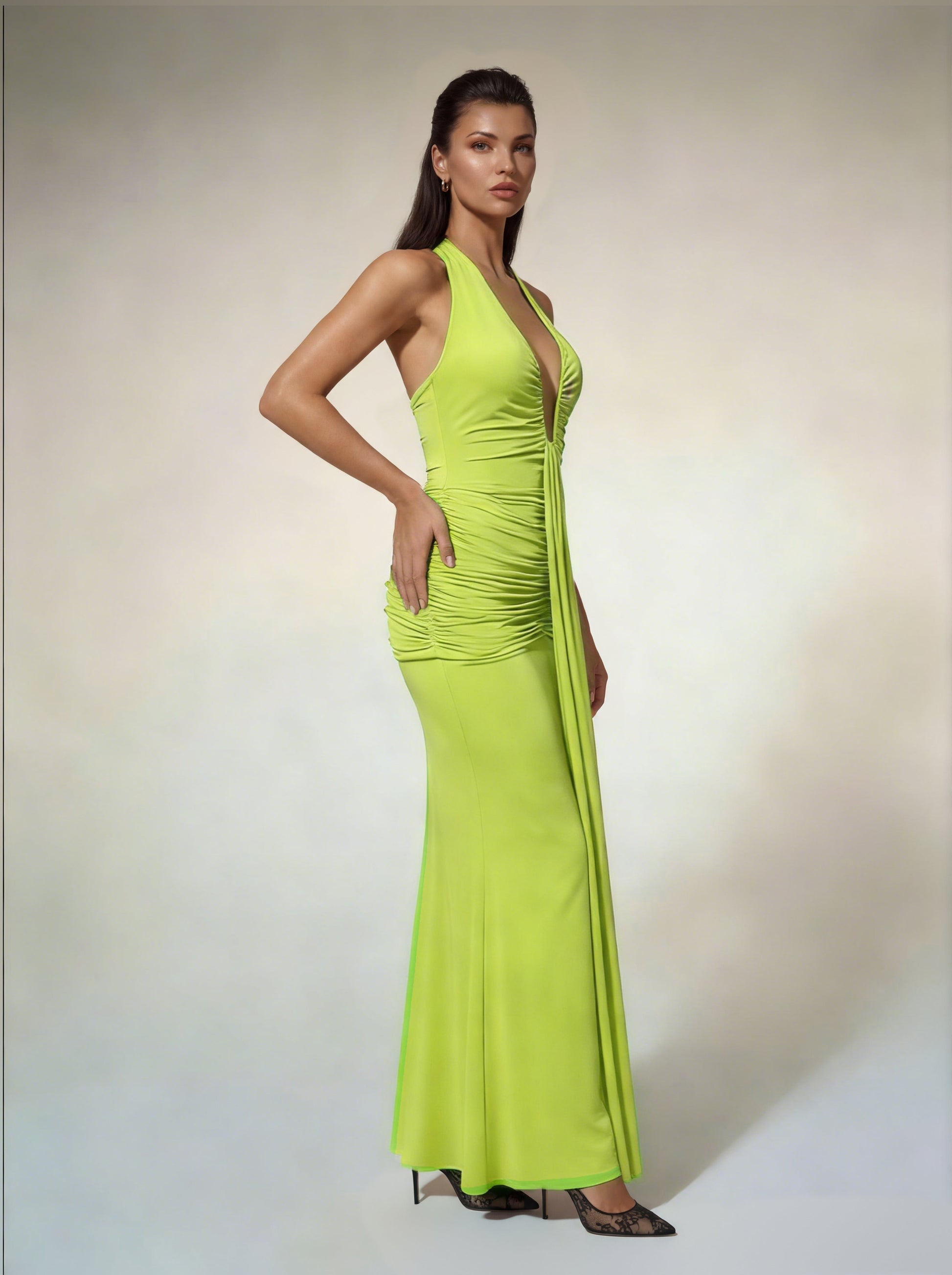 Alyshea Halterneck Ruched Maxi Dress In Neon Green