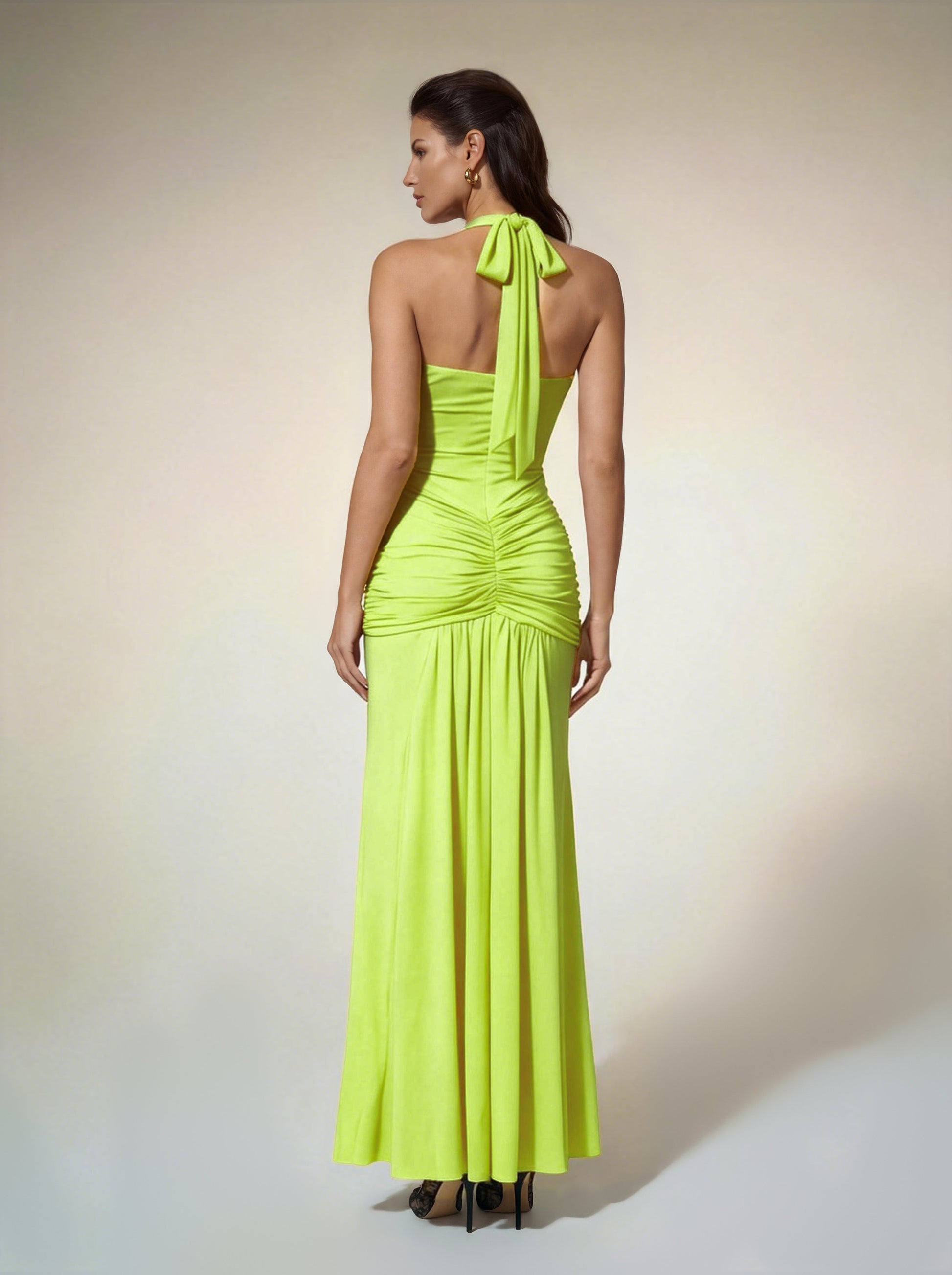 Alyshea Halterneck Ruched Maxi Dress In Neon Green