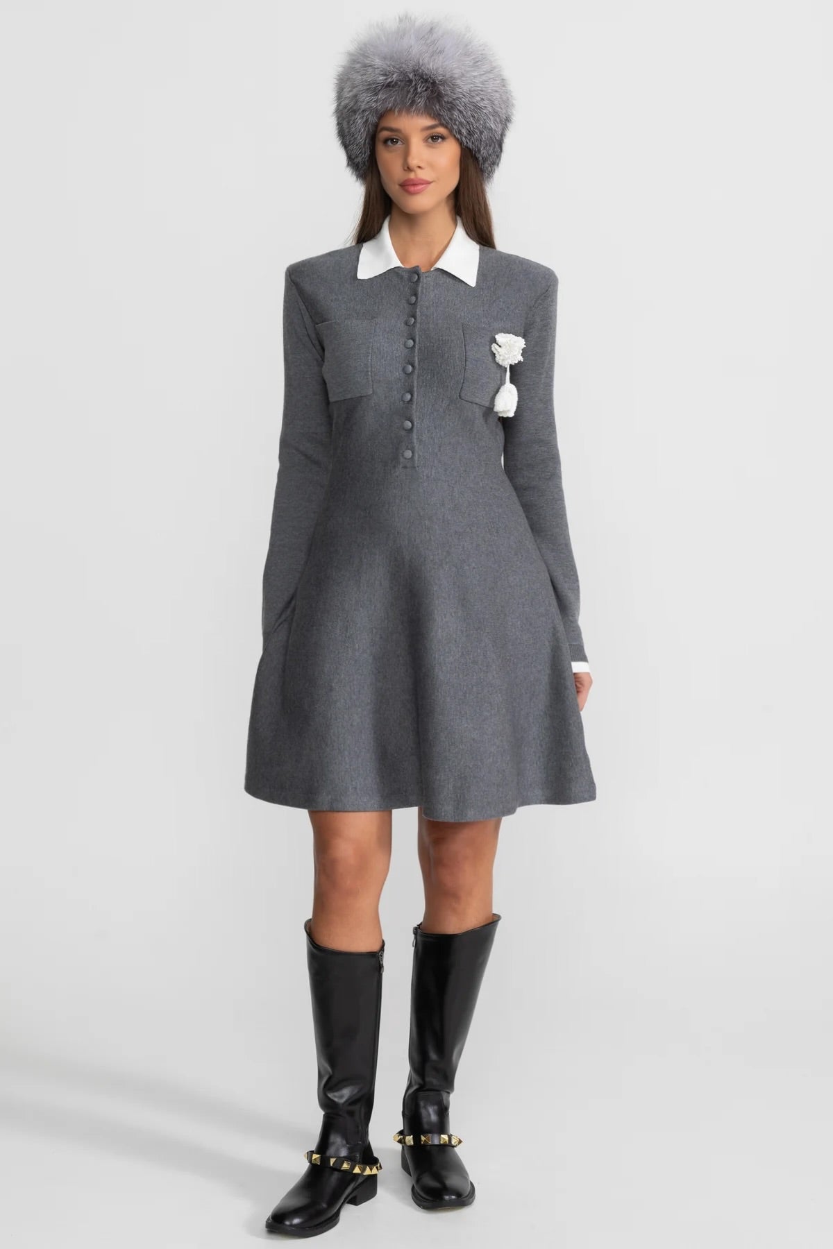 Mini Dress with Contrast Collar and Floral Brooch - Grey